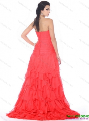 Brush Train Prom Dresses with Ruffled Layers and Beading