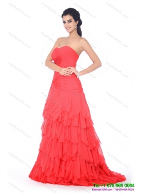 Brush Train Prom Dresses with Ruffled Layers and Beading