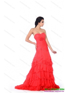 Brush Train Prom Dresses with Ruffled Layers and Beading