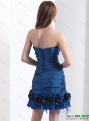 Elegant Ruching Strapless Prom Dresses with Hand Made Flowers