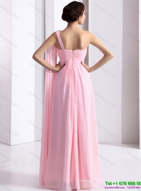 Perfect 2015 One Shoulder Baby Pink Prom Dress with Ruching and Beading