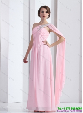 Perfect 2015 One Shoulder Baby Pink Prom Dress with Ruching and Beading