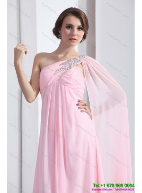 Perfect 2015 One Shoulder Baby Pink Prom Dress with Ruching and Beading