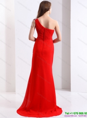 Elegant 2015 One Shoulder Red Prom Dress with Beadings and Brush Train