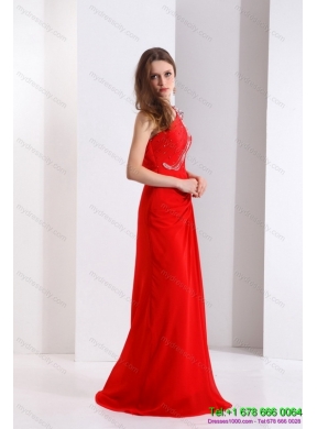 Elegant 2015 One Shoulder Red Prom Dress with Beadings and Brush Train