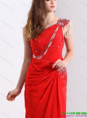 Elegant 2015 One Shoulder Red Prom Dress with Beadings and Brush Train