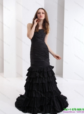 Brush Train Pleated Black Prom Dresses with One Shoulder and Ruffled Layers