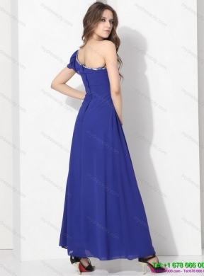 Modest One Shoulder Blue Prom Dress with Ruching and Beading