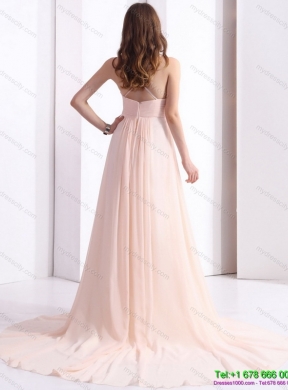 2015 Brush Train Long Prom Dresses with Beading and Ruching