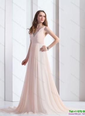 2015 Brush Train Long Prom Dresses with Beading and Ruching