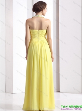 2015 Designer Halter Top Yellow Prom Dress with Floor Length