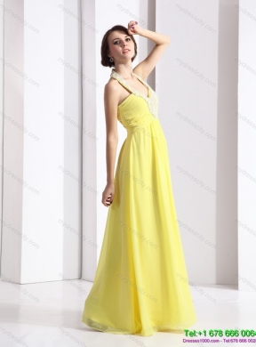 2015 Designer Halter Top Yellow Prom Dress with Floor Length