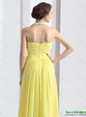 2015 Designer Halter Top Yellow Prom Dress with Floor Length