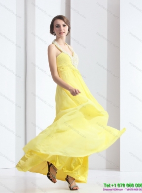 2015 Designer Halter Top Yellow Prom Dress with Floor Length