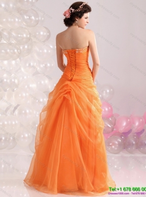 2015 Designer Strapless Orange Red Prom Dress with Hand Made Flowers and Beading