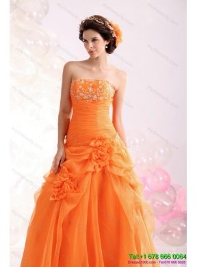 2015 Designer Strapless Orange Red Prom Dress with Hand Made Flowers and Beading