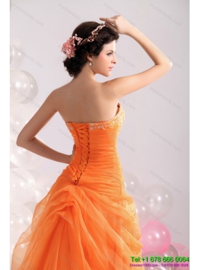 2015 Designer Strapless Orange Red Prom Dress with Hand Made Flowers and Beading