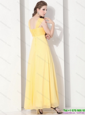 2015 Floor Length Prom Dresses with Ruching and Beading