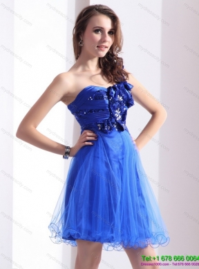 2015 One Shoulder Prom Dresses with Beading and Hand Made Flowers