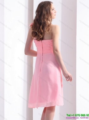 Baby Pink One Shoulder Prom Dresses with Ruching and Hand Made Flowers