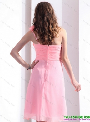 Baby Pink One Shoulder Prom Dresses with Ruching and Hand Made Flowers