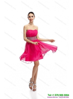 Coral Red Strapless Short Prom Dresses with Ruching and Rhinestones