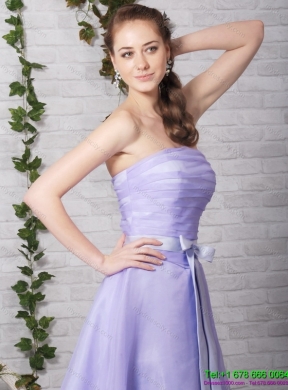 Cute Lilac Strapless Ruching Mini Length Prom Dresses with Bownot