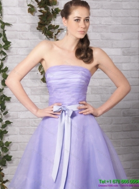 Cute Lilac Strapless Ruching Mini Length Prom Dresses with Bownot