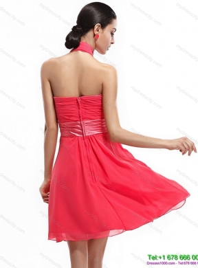 Designer Halter Top Prom Dresses with Ruching and Hand Made Flowers