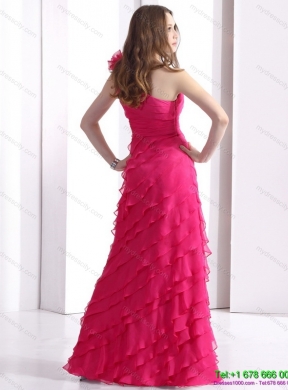 Designer One Shoulder Prom Dresses with Ruffled Layers and Hand Made Flower