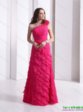 Designer One Shoulder Prom Dresses with Ruffled Layers and Hand Made Flower