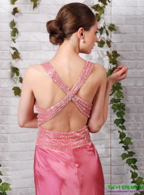 Designer Rose Pink Beading Long Prom Dresses with Brush Train