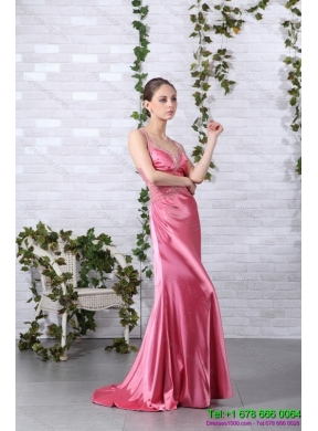 Designer Rose Pink Beading Long Prom Dresses with Brush Train