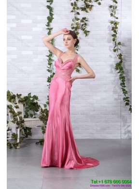 Designer Rose Pink Beading Long Prom Dresses with Brush Train