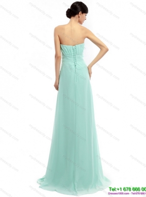 Designer Sweep Train Apple Green Prom Dresses with Ruching and Hand Made Flower