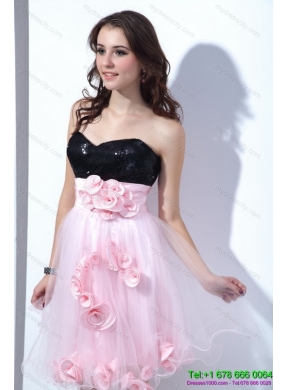 Designer Sweetheart Sequins and Hand Made Flowers Prom Dresses in Pink and Black