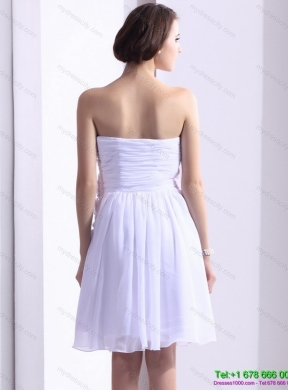 Designer White Strapless Prom Dresses with Ruching and Hand Made Flower