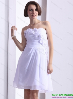 Designer White Strapless Prom Dresses with Ruching and Hand Made Flower