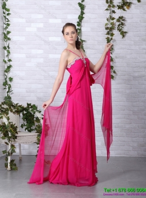 Modern Hot Pink Halter Top Prom Dress with Brush Train