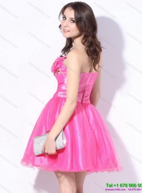 One Shoulder Hot Pink Short Prom Dresses with Ruching and Beading