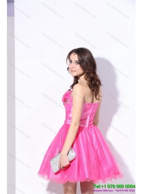 One Shoulder Hot Pink Short Prom Dresses with Ruching and Beading