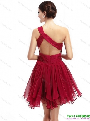 One Shoulder Ruching Mini Length Prom Dresses with Beading