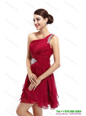 One Shoulder Ruching Mini Length Prom Dresses with Beading