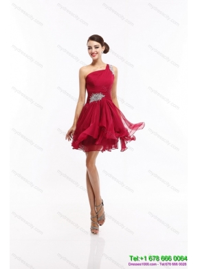 One Shoulder Ruching Mini Length Prom Dresses with Beading