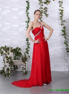 Popular 2015 One Shoulder Red Prom Dress with Beadings and Brush Train