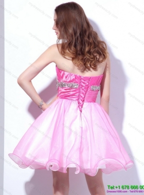 Rose Pink 2015 Mini Length Prom Dresses with Beading and Ruching