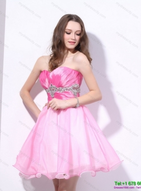 Rose Pink 2015 Mini Length Prom Dresses with Beading and Ruching