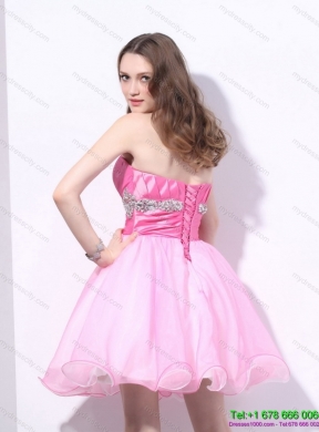 Rose Pink 2015 Mini Length Prom Dresses with Beading and Ruching