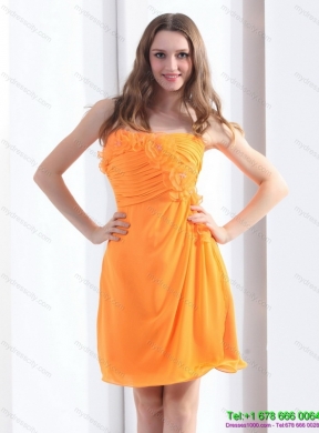 2015 Designer Strapless Orange Prom Dress with Hand Made Flowers and Ruching