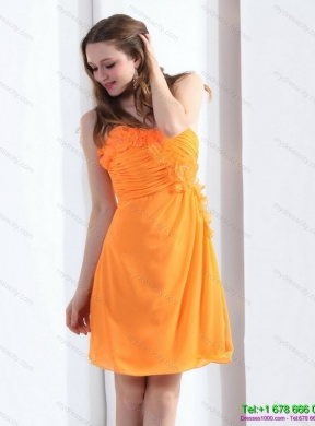 2015 Designer Strapless Orange Prom Dress with Hand Made Flowers and Ruching